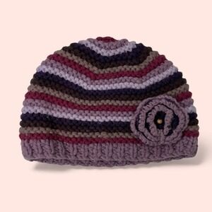 San Diego Hat Co Multicolor Striped Knit Kids Beanie Hat Flower Accent 5-7 Years